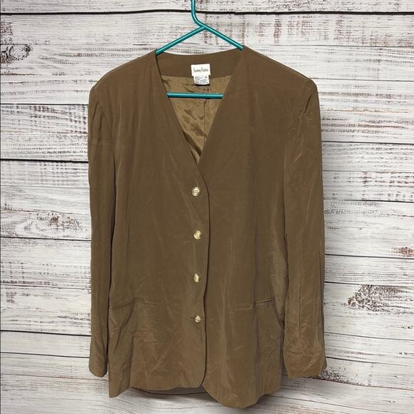 Neiman Marcus Vintage Silk Brown Collarless Blazer Size 16 - Picture 1 of 5